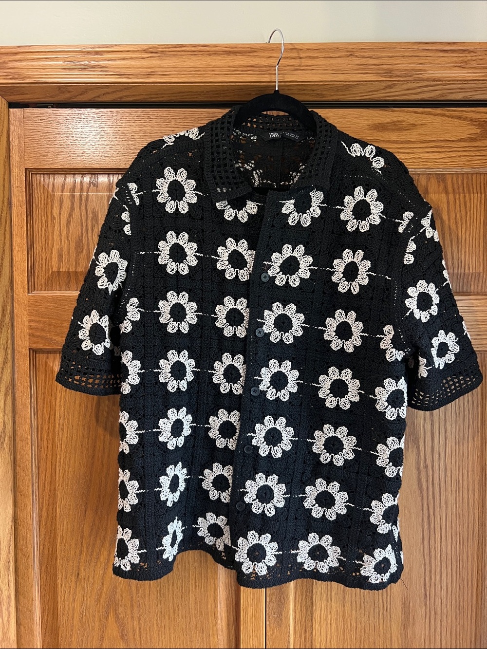 Zara Black Crochet Button-Down Shirt with White Daisy Motif